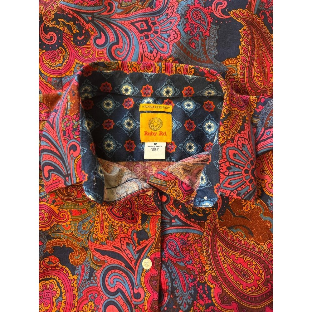 Vintage Paisley Button-Up Shirt With Vibrant Pink & Blue Design Long Sleeves Col - Picture 7 of 7